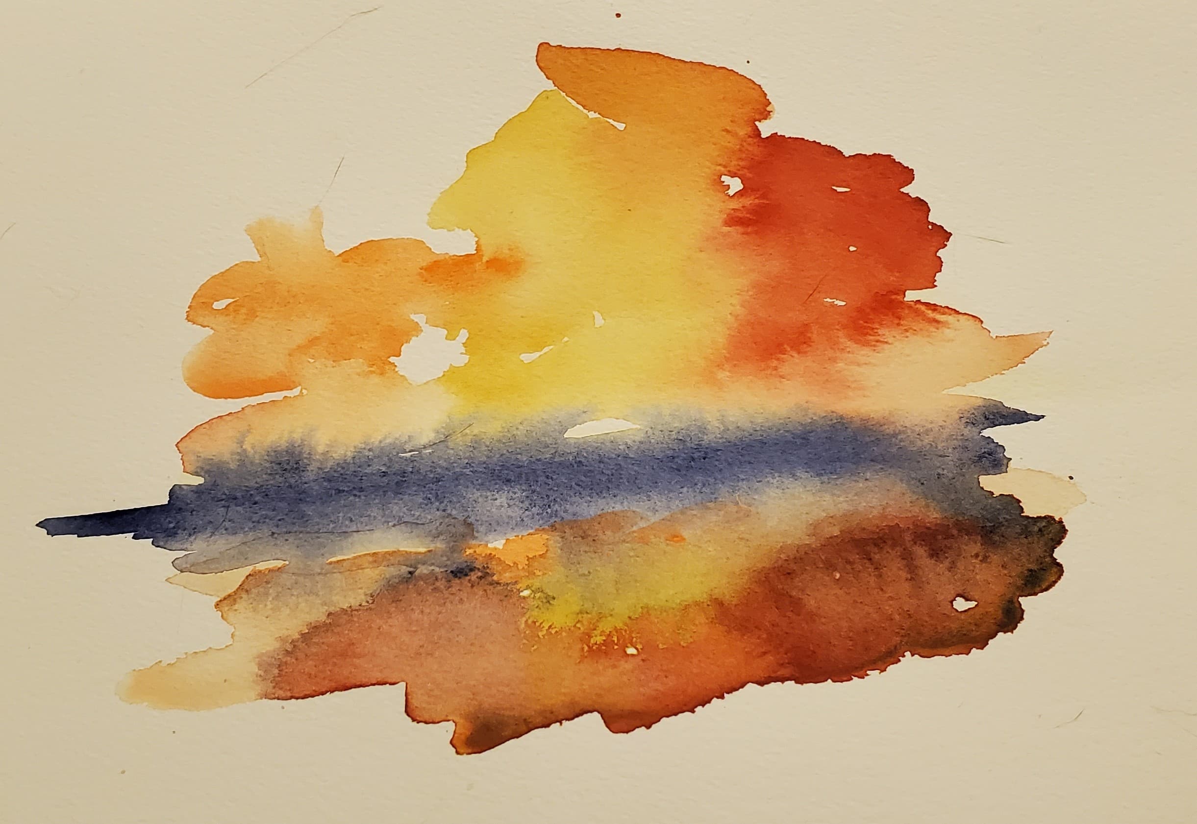 Abstract watercolor with vibrant yellow and orange sky, a blue horizon, and brown earth.