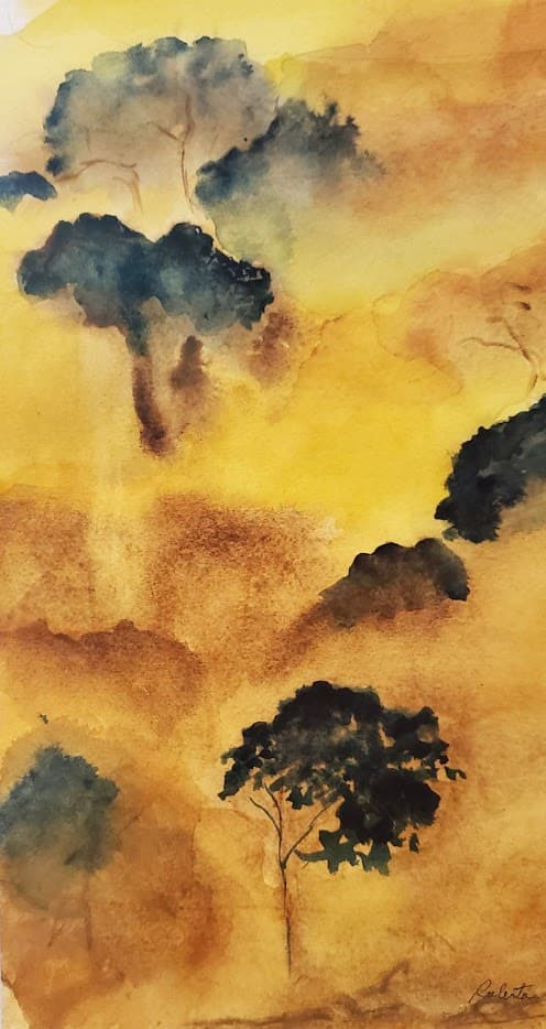 Hazy watercolor painting of dark tree silhouettes against a warm golden and ochre background.