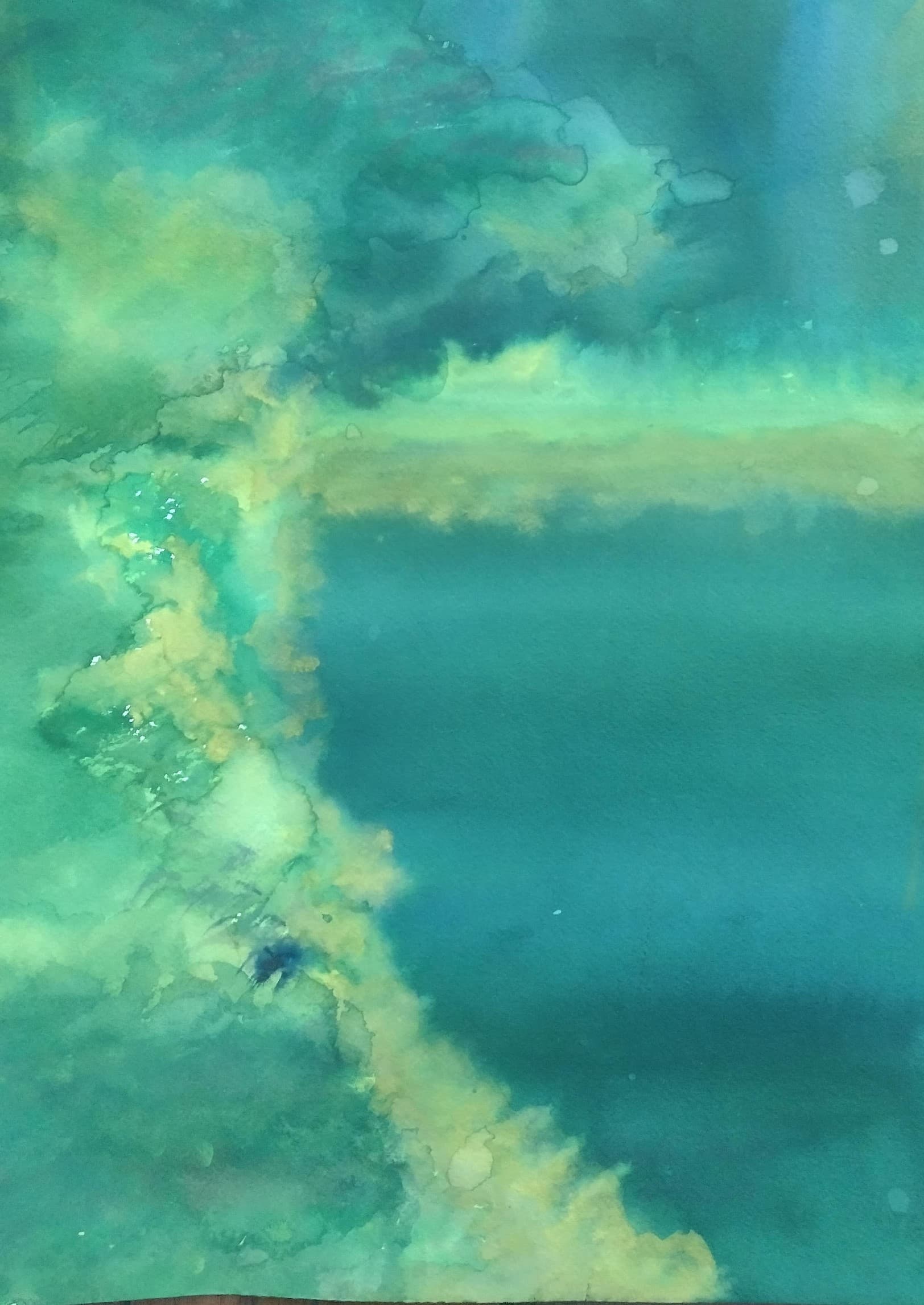 Abstract watercolor painting with fluid, bleeding washes of teal, turquoise, and pale yellow-green.